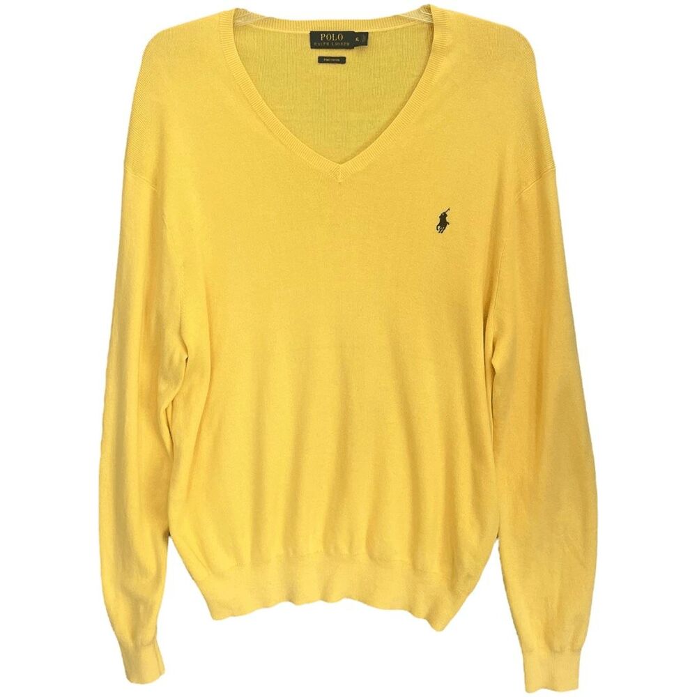 Polo Ralph Lauren Pima Cotton Sweater Mens XL Yellow V Neck Preppy Classic Logo